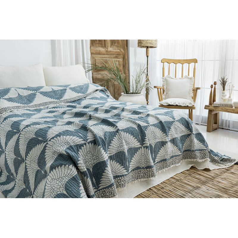 Crane Muslin Bed Blanket, Teal