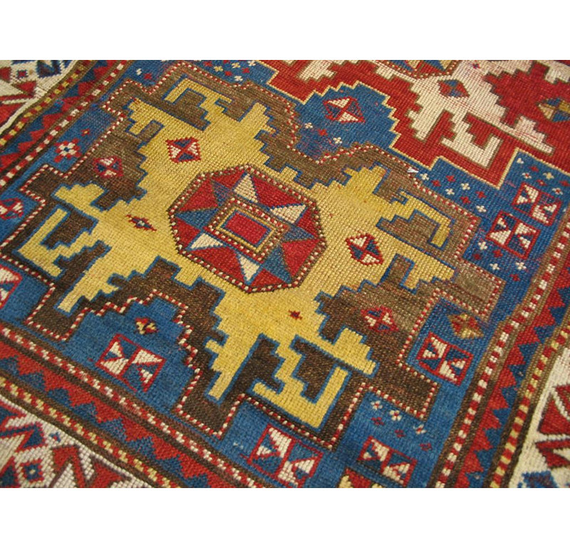 1900s Blue Geometric Tribal Antique Caucasian Kazak Rug 3'6"x 5'10" Wool Carpet