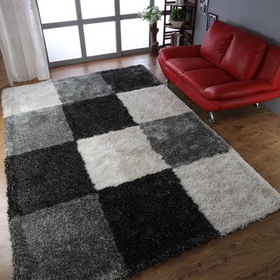 Manns Living room rugs - Hand Tufted Shag Polyester Eco-Friendly Area Rugs - 4' x 6', Rectangle, Black Silver Color, Geometric Modern Design, High Pile Thick Handmade Anti Skid Area Rugs for Living Room, Bed Room