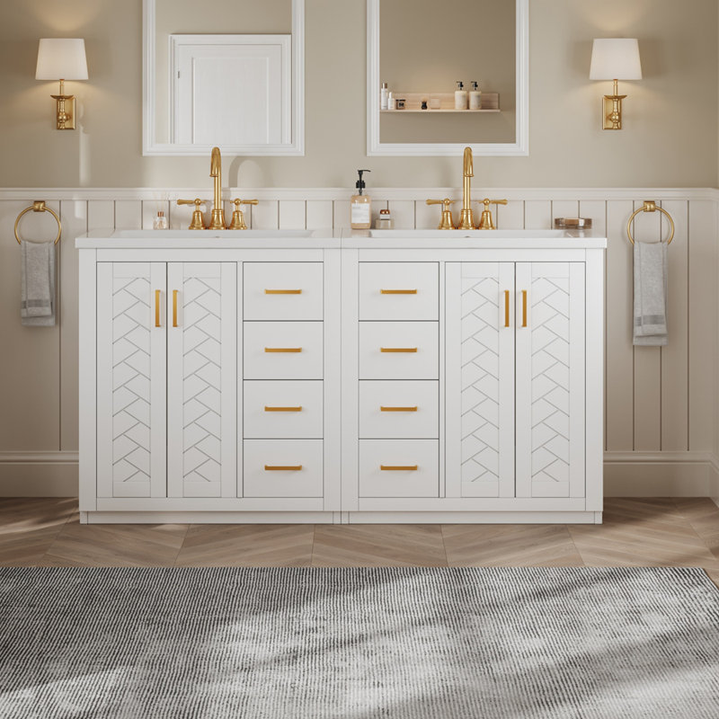 Ensemble de meuble-lavabo autoportant de 60 pouces avec lavabo en céramique (séparé), Blanc