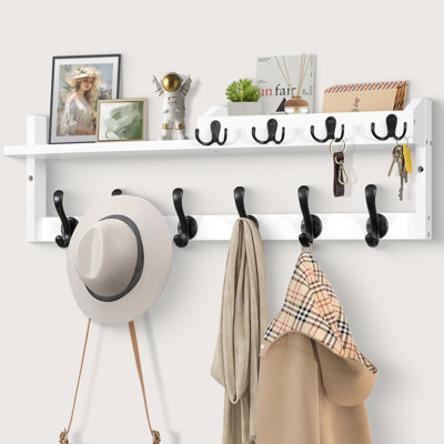 Portemanteau mural de 70 cm avec tablette, porte-clés et organisateur de courrier, blanc