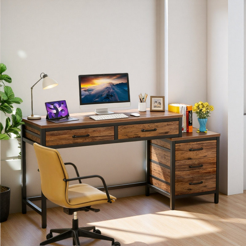 Bureau de style industriel, bureau d'ordinateur, table d'écriture, Brun rustique / noir
