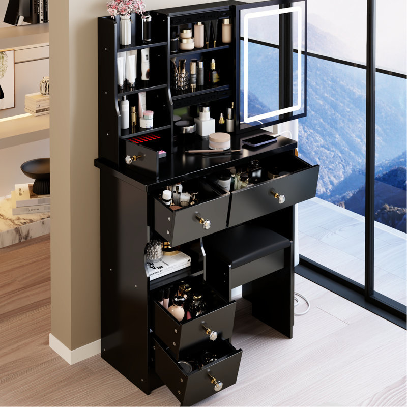 Table de coiffeuse et tabouret de gauche de 29,2 po, support pour séchoir à cheveux 2 AC + 2, support de miroir à DEL tricolore à luminosité contrôlée pour tables de petit volume, tabouret rembourré,