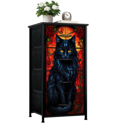 Commode pour chambre à coucher avec 4 tiroirs de rangement Chat noir vitrail Yeux dorés Roses rouges Commodes gothiques Commode en tissu avec cadre en acier pour vestibule