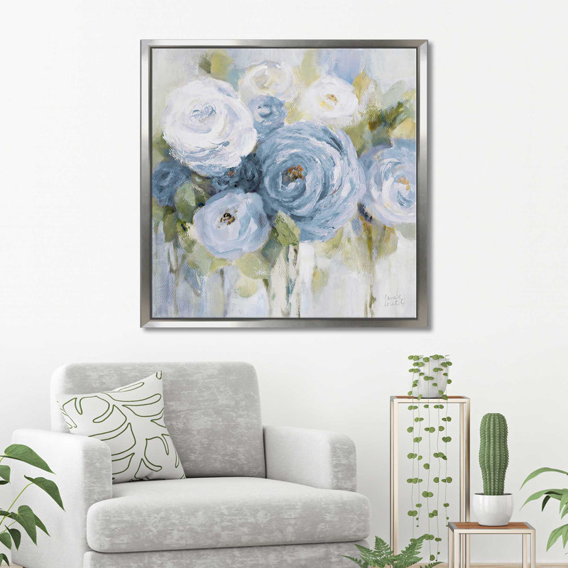 «Softly Blooming In Blue (Square)» par Lanie Loreth, reproduction, Cadre flottant argent, H 27,5 po x l 27,5 po x P 2 po
