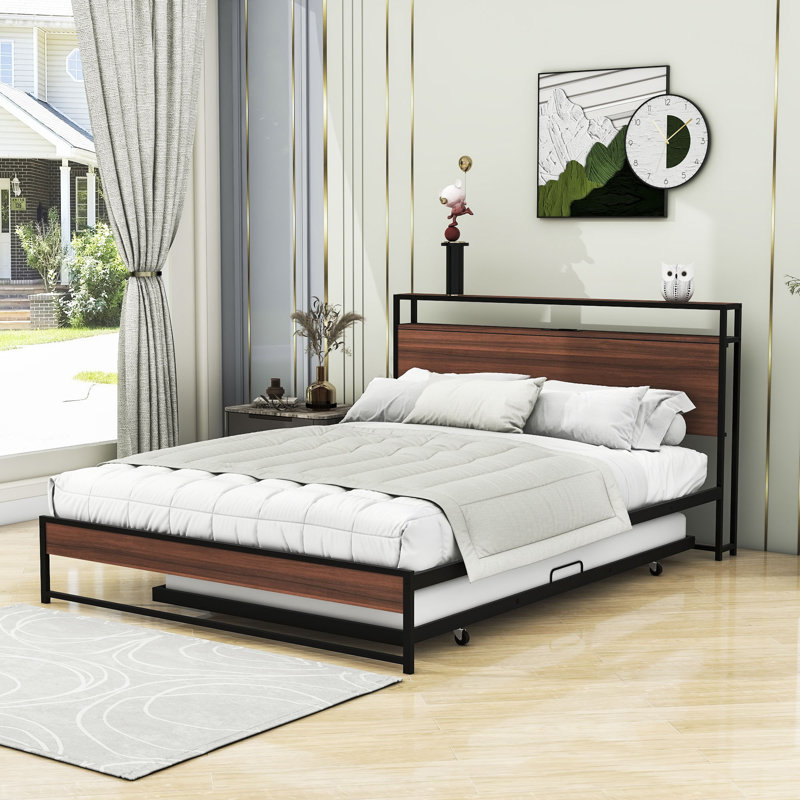 Wilhelmi Metal Platform Bed Frame with Trundle and USB Ports, Black, Queen