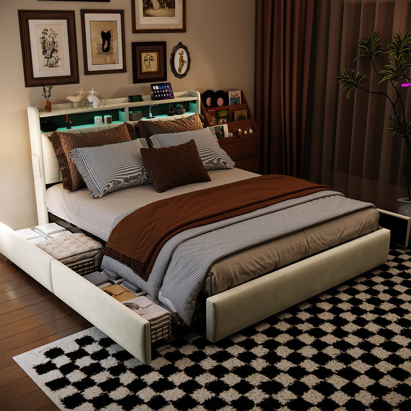 Platform Bed with LED Lights & Headboard Storage, Underbed Storage Drawers, USB-A/C Charging, EuropeanDouble (140 x 200 cm)