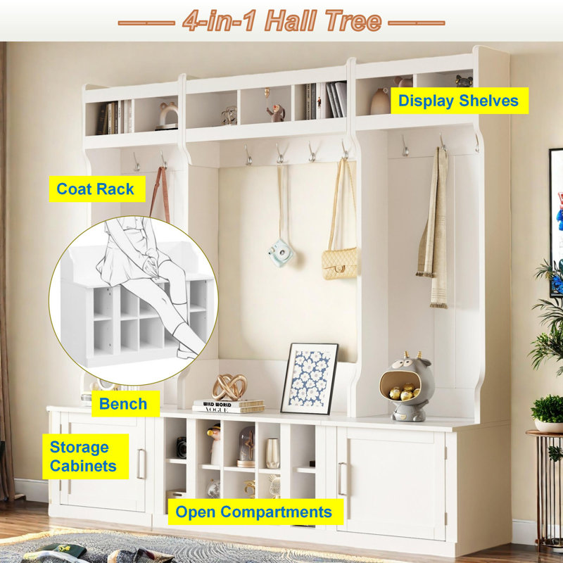 4-in-1 Multi-functional Hall Tree With Coat Rack, Bench, Shoe Cubbies And Open Compartments, White