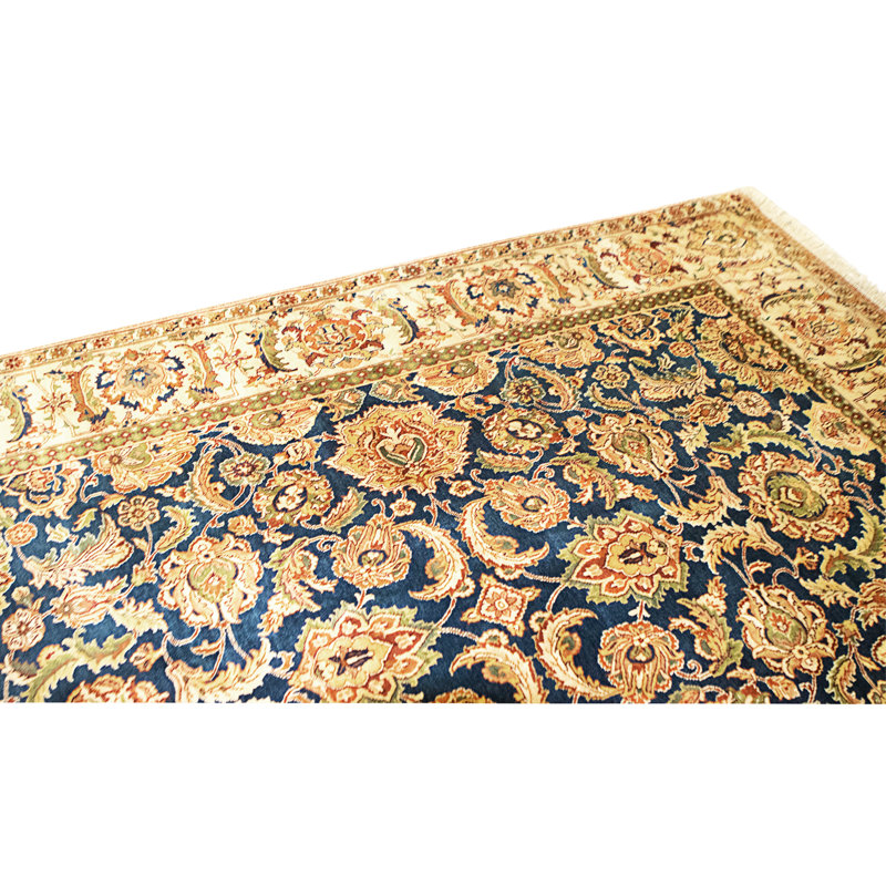 Hand Knotted Wool Area Rug in Blue And Cream