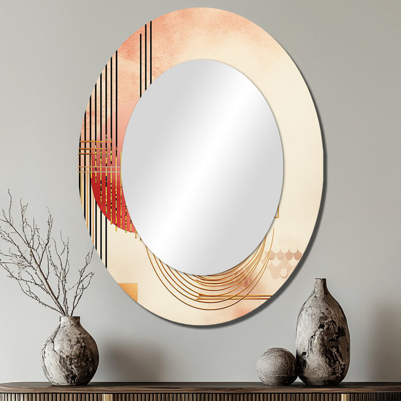 Red Blood Moon Abstract Vintage Watercolor III - Pink Oval Wall Mirror Decor, 40" x 30"