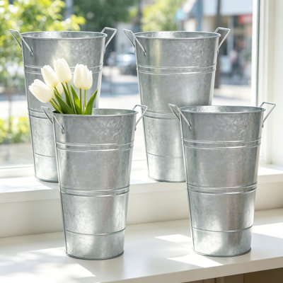 Set of 4 Galvanized Metal Vases, 12 Inch Tall French Farmhouse Flower Bucket for Cut Flowers, Rustic Home Decor and Wedding Table Centerpiece, Large Silver