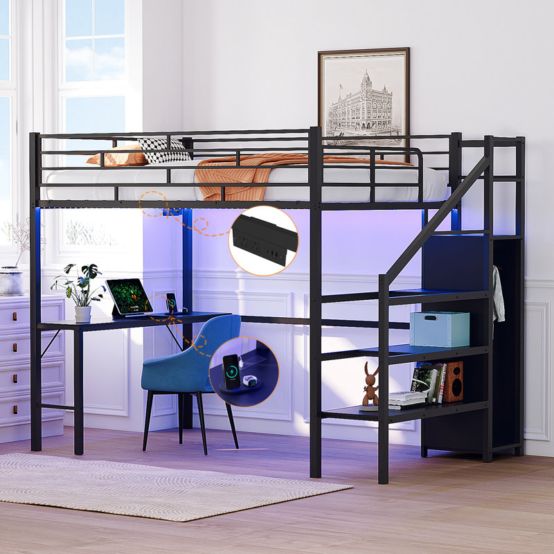 Full Black Metal Loft Bed With Desk,2 Charging Station,LED Light,Heavy Duty,Staircase,Wardrobe