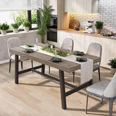 Table de salle à manger industrielle pour 4-6 à 63 po / 55,1 po, plateau en bois rustique et structure en métal robuste, table de ferme moderne pour salle à manger, salon, assemblage facile