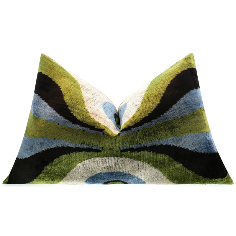 Handmade Retro Geometric Silk Velvet Throw Pillow - 16X24, Green And Blue With Down Feather Insert