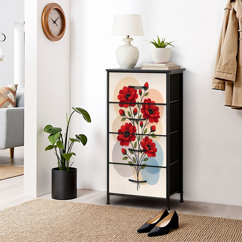 Commode 4 tiroirs pour chambre à coucher, commode étroite, plateau en bois et structure en fer 18 po x 37,5 po - (l x H) - avec bouquet de fleurs rouges et feuilles vertes, impression pastel