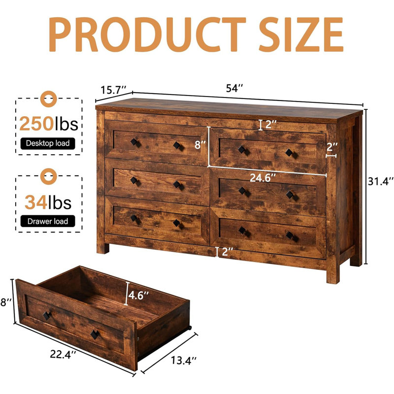 Dezia Farmhouse 6 Drawers Dresser, Rustic Brown