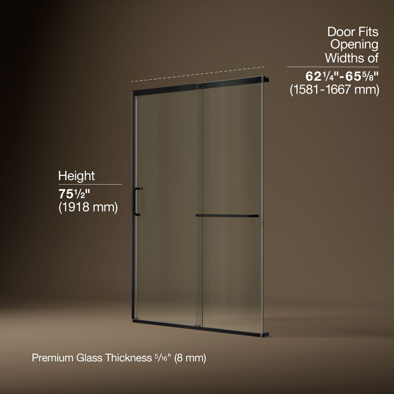 Elate Tall Sliding Shower Door, 75-1/2-In H X 62-1/4 - 65-5/8-In W, With Heavy 5/16-In Thick Crystal Clear Glass, Black