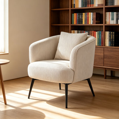Fauteuil demi-tonneau en velours rose clair avec coussin assorti, fauteuil capitonné moderne avec pieds en métal et fauteuil d'appoint confortable pour meuble-lavabo de chambre à coucher - boîte simple