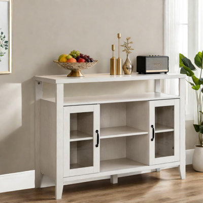 Buffets et commodes blancs spacieux, panneau de fibres à densité moyenne et verre, design rétro moderne pour le rangement à la maison