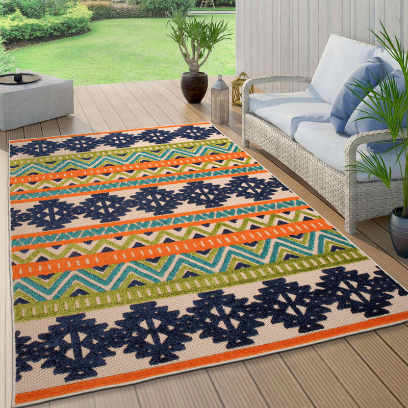 Heston Geometric Navy/Green/Orange Indoor & Outdoor Area Rug, Rectangle 5' x 7'