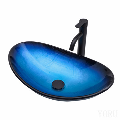 Bathroom Artistic Tempered Glass Blue Vessel Bathroom Sink Pop-Up Drain, Blue Boat Shape Bathroom Sink Above Counter (No Faucet)