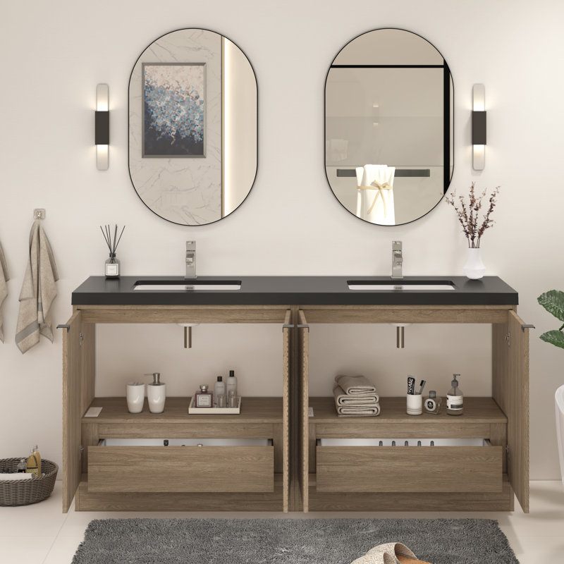 Ensemble de meuble-lavabo autoportant 70,8 po Monterey + double lavabo en acrylique noir renforcé, Marron clair