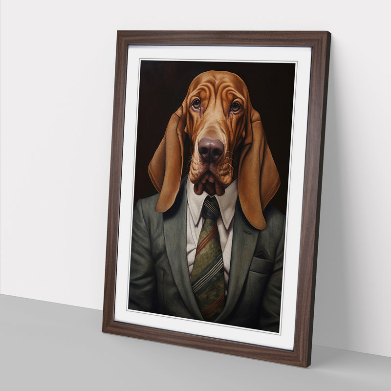 Basset Hound In A Suit No.2 - Single Picture Frame Print on Wood, 34cm H x 25cm W x 2cm D, Walnut Framed