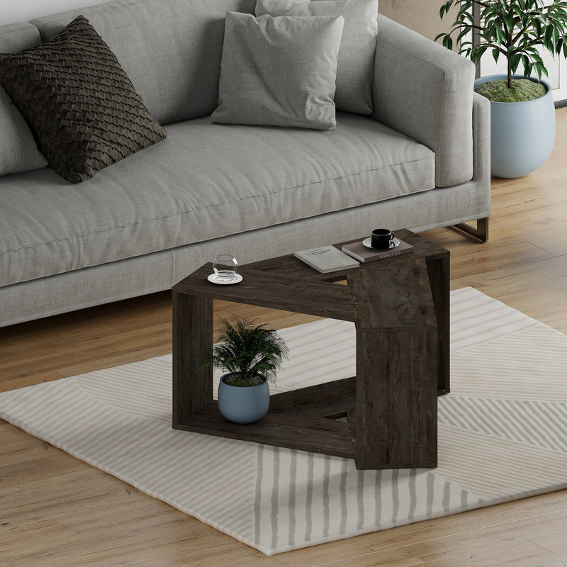 Trio Floor Shelf Coffee Table with Unique Triangular Prism Design, Dark Coffee