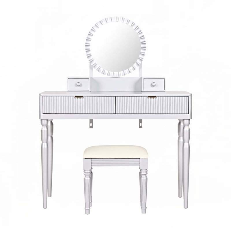 Height-Adjustable Vanity Desk with Round Mirror and Multiple Drawers for Organized Storage, Silver