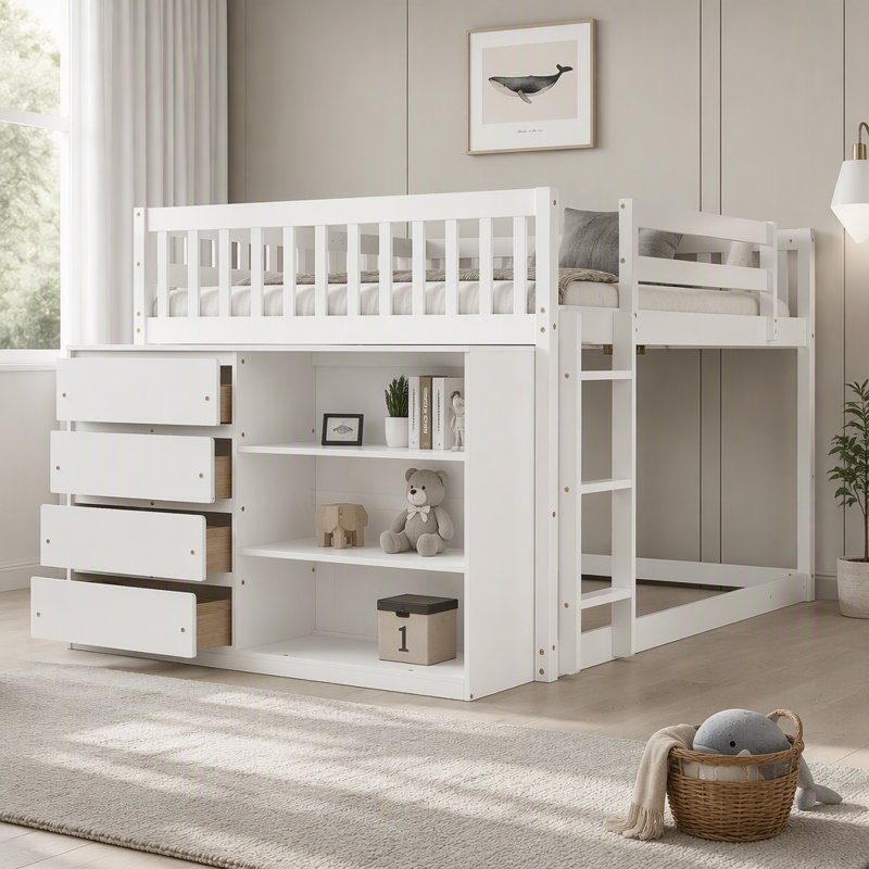 Lit superposé double avec 4 tiroirs et 3 tablettes, Blanc