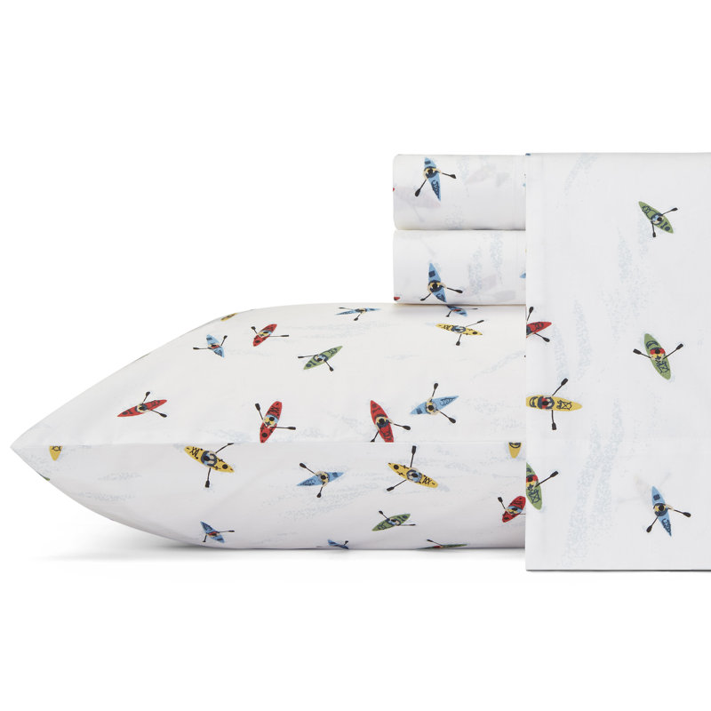 Shasta Lake Cotton Percale Standard Sheet Set, Queen Sheet Set with 2 Pillowcases, Kayaks
