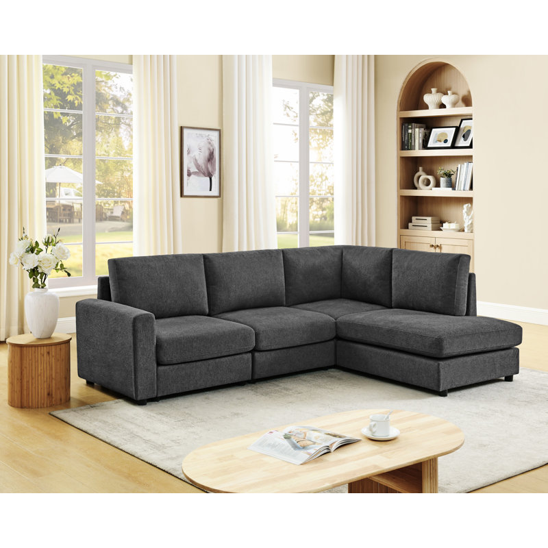 Canapé en L 100 po rembourré en chenille 100 po, Noir, noir, noir, noir