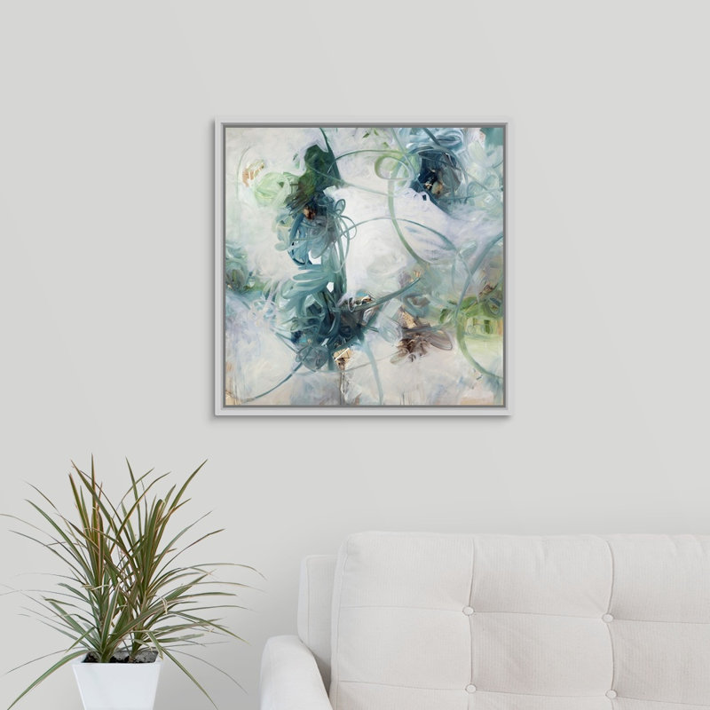 «Tangled Up in Blue», peinture sur toile, H 21,7 po x l 21,7 po x P 1,75 po, Cadre flottant blanc