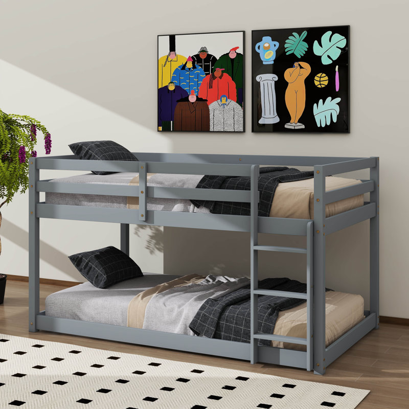 Lit superposé bas simple en bois d'hévéa avec échelle, Gris