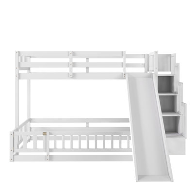 Lit simple superposé au dessus d'un lit double avec glissade, escalier de rangement, lit superposé en bois de pin massif avec garde-corps de sécurité, blanc (ancien numéro de référence: W504S00185)