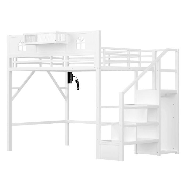 Lit mezzanine avec escalier, lit mezzanine en métal avec barrières de sécurité