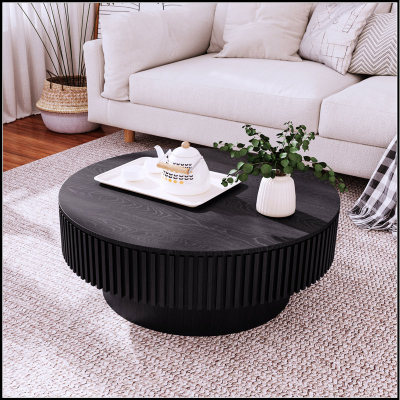 31.5'' Round Coffee Table with Storage, Solid Wood Veneer, Modern Accent for Living Room, Bedroom, and Office, Black