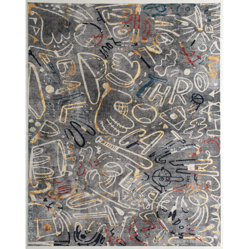 Sportsglyphs II by Katie Merz Baseball Chalkboard Machine Washable Area Rug, Rectangle 7'9" x 9'9"