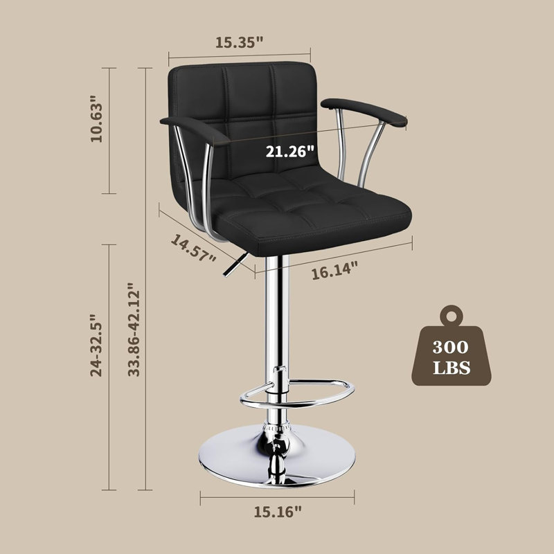 Ensemble de 2 tabourets de bar, tabourets pivotants réglables avec dossier avec accoudoirs, tabourets de bar à hauteur de comptoir en cuir synthétique à double aiguille pour îlot de cuisine,