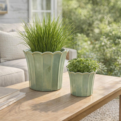 Ensemble de jardinières rondes en céramique à bordure festonnée pour l'intérieur ou l'extérieur de la maison - Pots de fleurs élégants pour le salon - ensemble de 2, 8 ", 6"