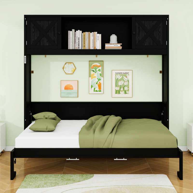 Lit escamotable double avec tablettes de rangement