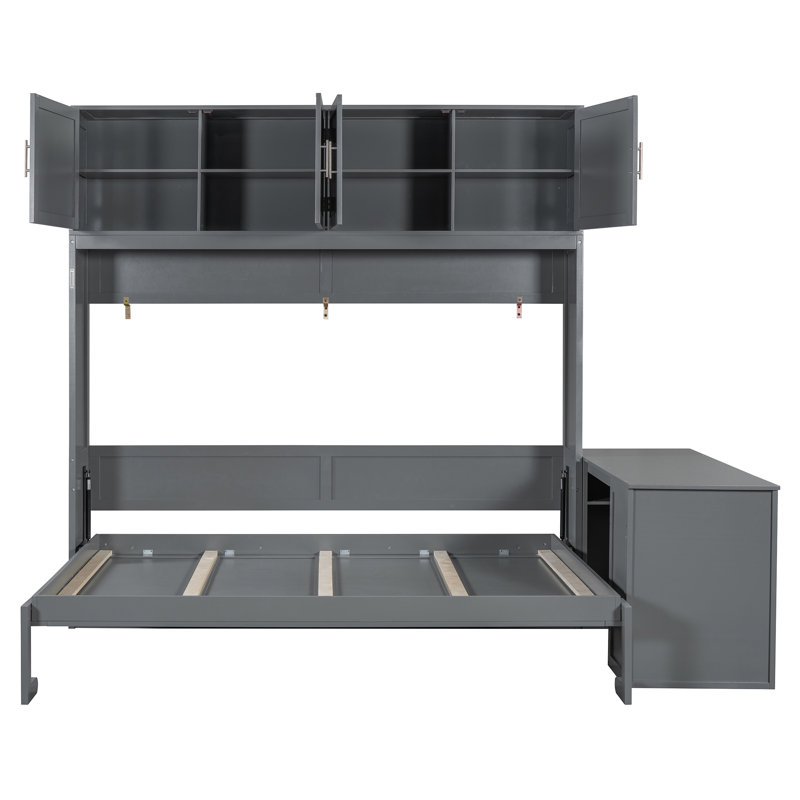 Grand lit escamotable mural avec bureau, tablettes de rangement et grandes armoires, design moderne peu encombrant, gris