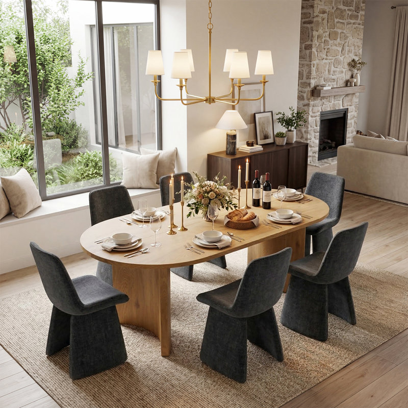 79" Oval Dining Room Set For 6, Modern Wood Grain Dining Room Set With Upholstered Dining Chairs, Black