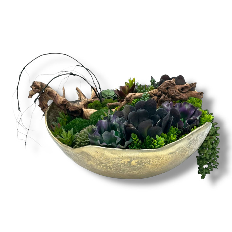 Succulent Design in Gold Wavy Textured Metal Vase