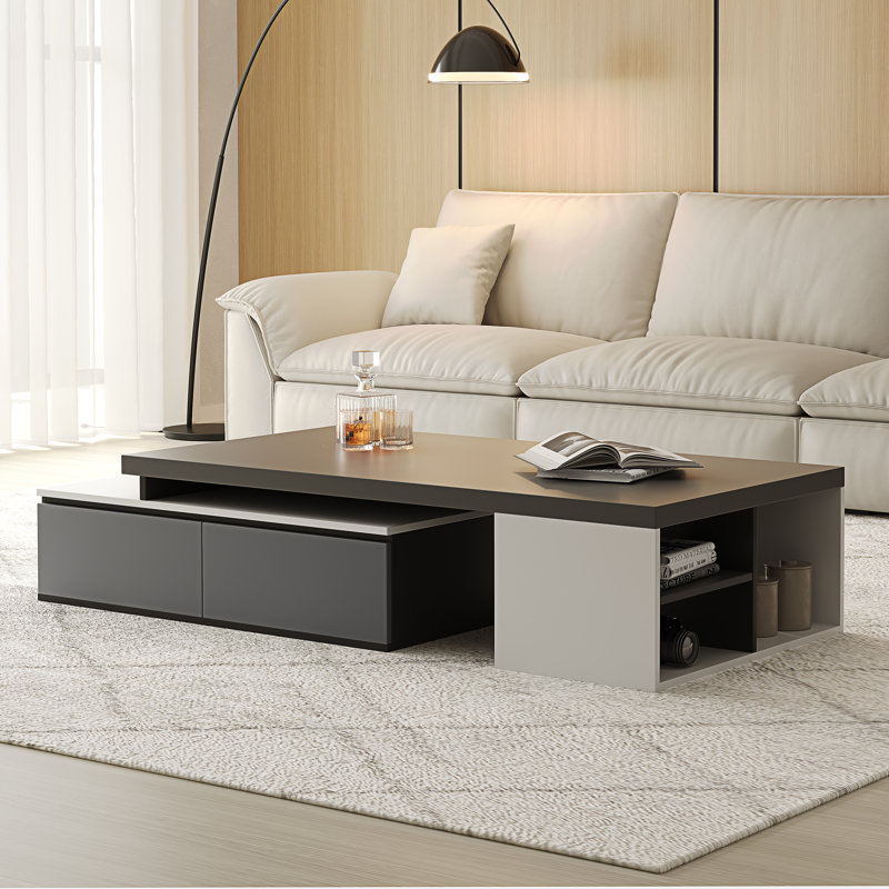 Table basse moderne extensible avec tiroirs cachés et tablettes ouvertes, design contemporain à deux tons