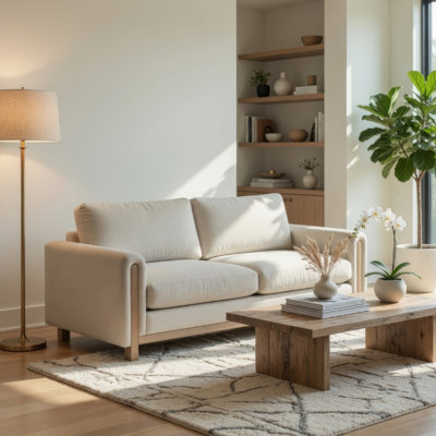 Canapé Lny, polyester beige, structure et pieds en bois brun naturel, 81 po