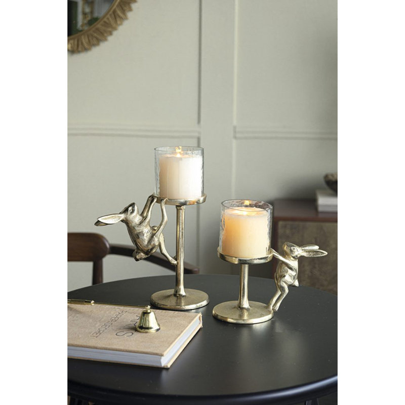 Gold Rabbit Pillar Candle Holder with Clear Glass Hurricane Shade