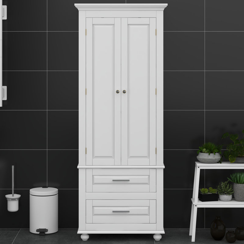 Armoire de rangement haute avec deux tiroirs, armoire de salle de bain multifonctionnelle autoportante avec tablette réglable, dispositif anti-basculement
