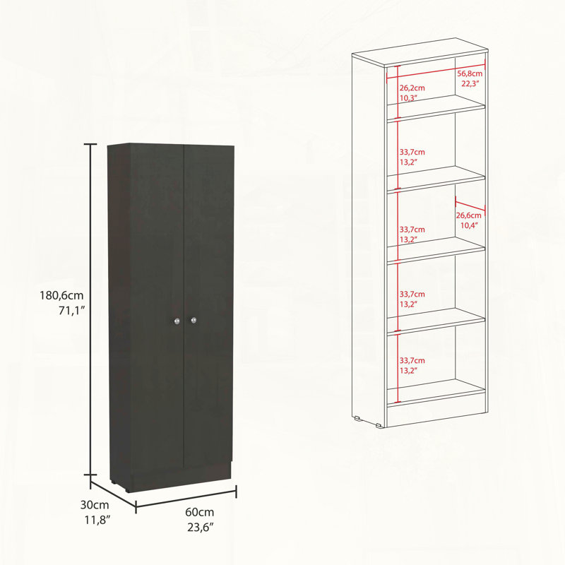 Armoire garde-manger à rangement multiple avec cinq tablettes et deux portes, Black
