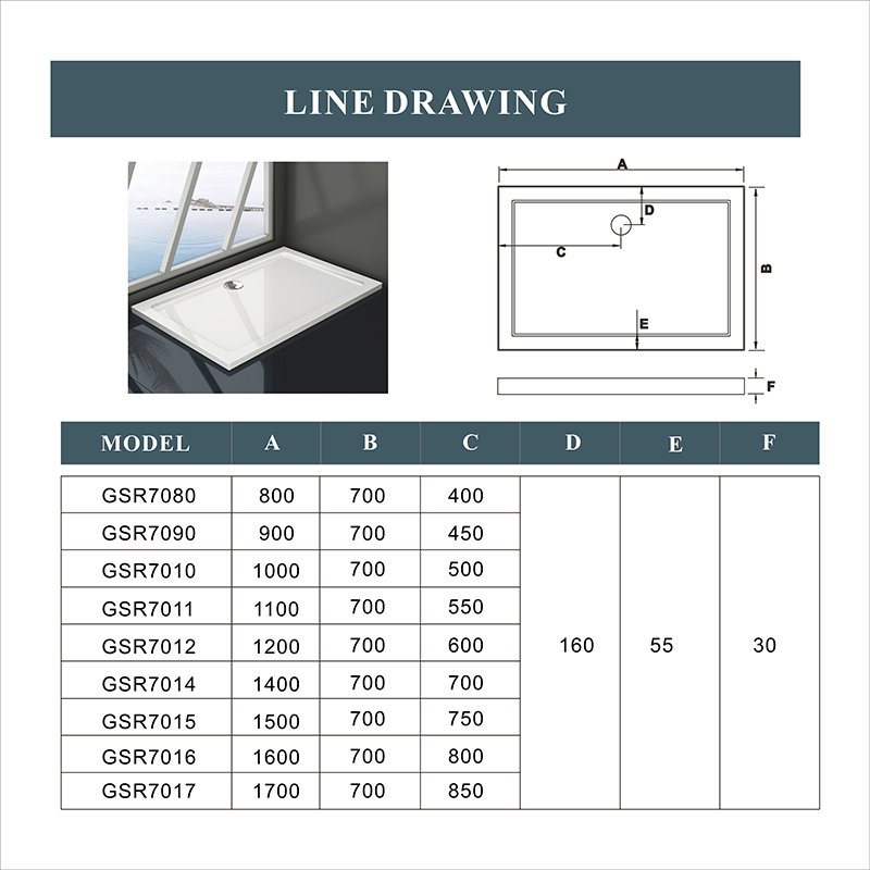 Clairville Stone Shower Tray White, 30mm H x 1200mm W x 700mm D